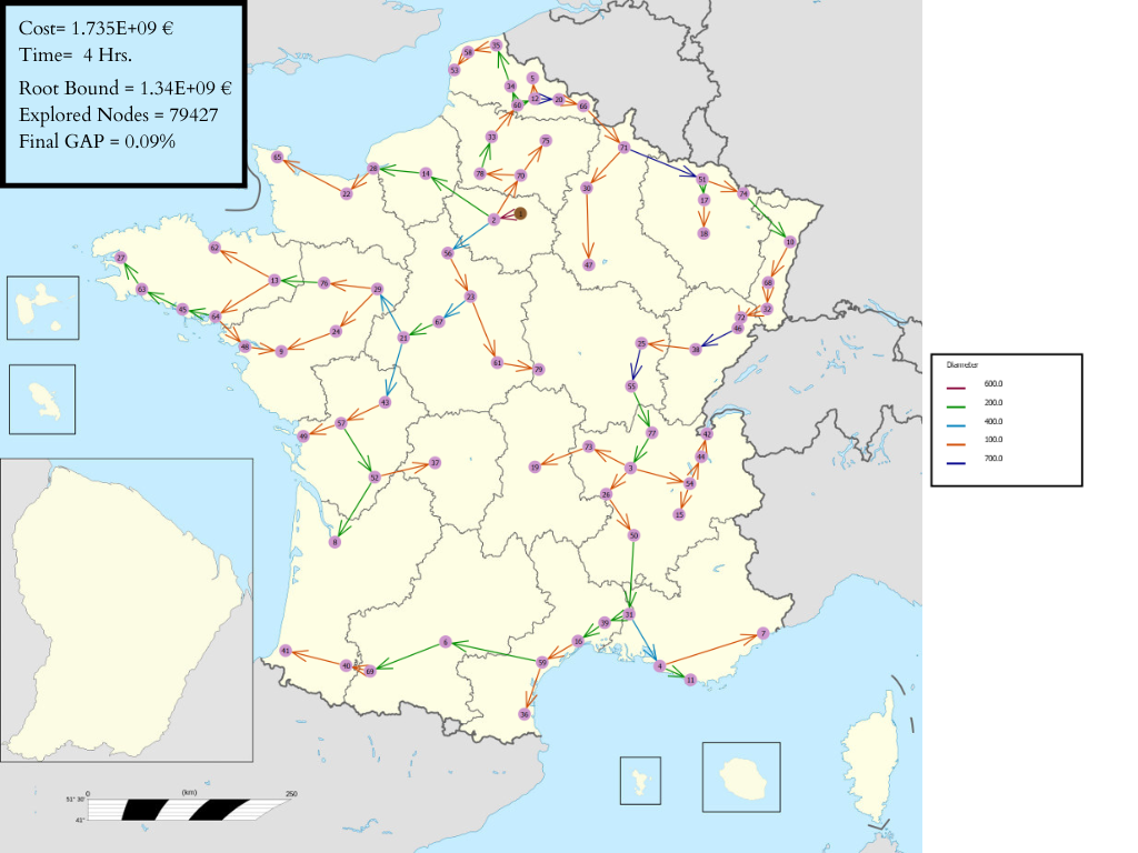 Schéma du réseau français de pipelines d'hydrogène optimisé